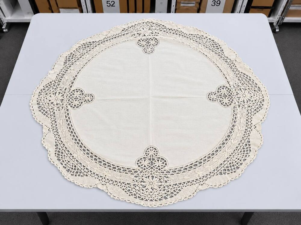 Vintage Ivory Lace Table Topper 35x35 In Openwork Scalloped Decorative Linen